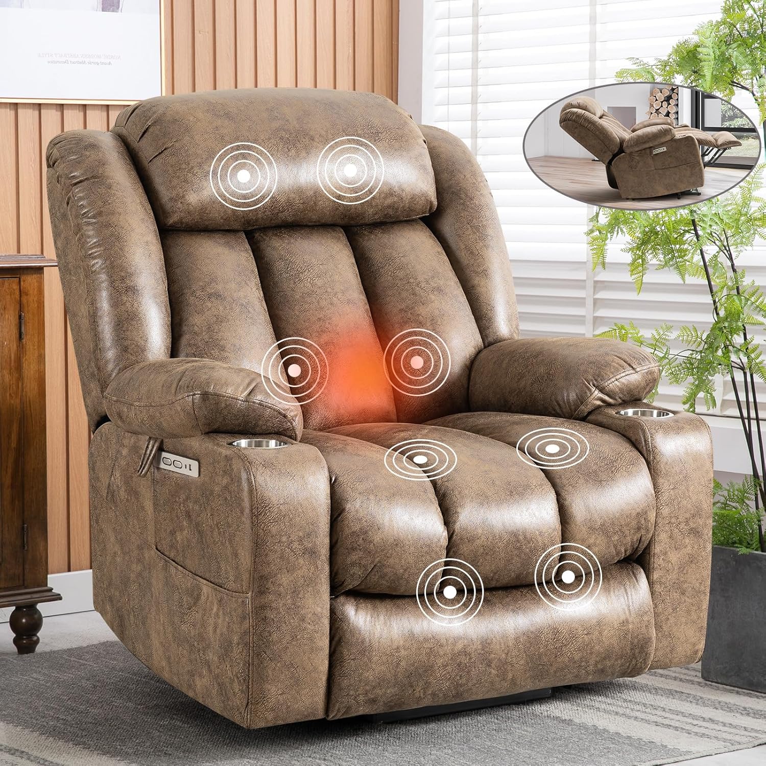Light Brown Power Lift Recliner with Heated and Massage, USB, Cup Holder Q480