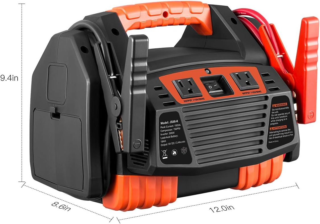 Portable Car Jump Starter 1000 Peak Amp 12-Volt with 1-USB 1-12V Power Ports & 150 PSI Air Compressor C408