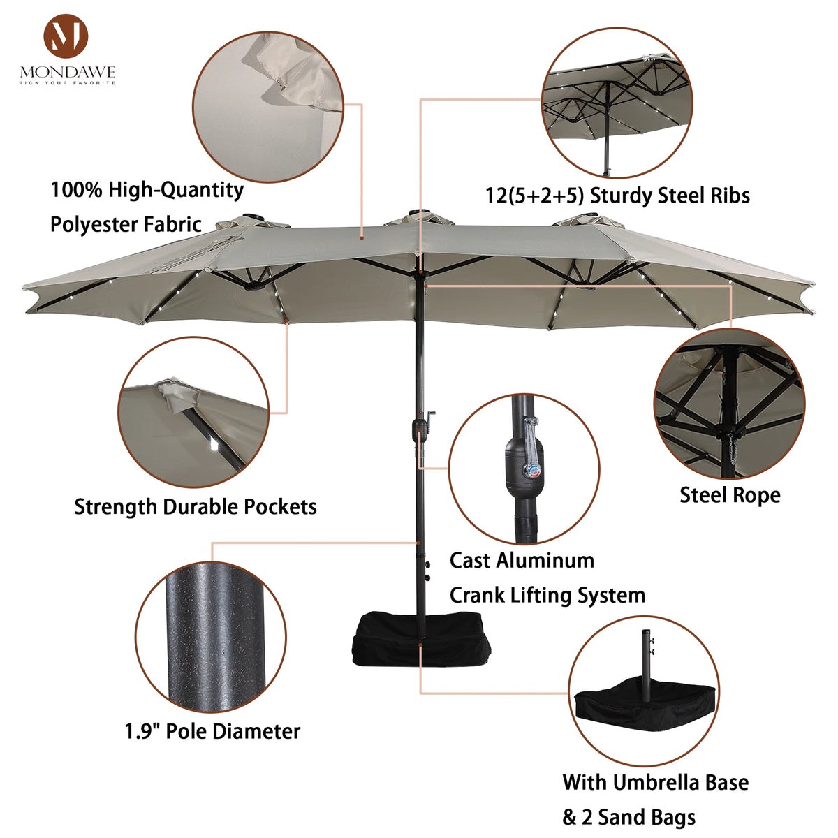15ft Large Patio Umbrella with 36 LED Lights, Base Included P369317