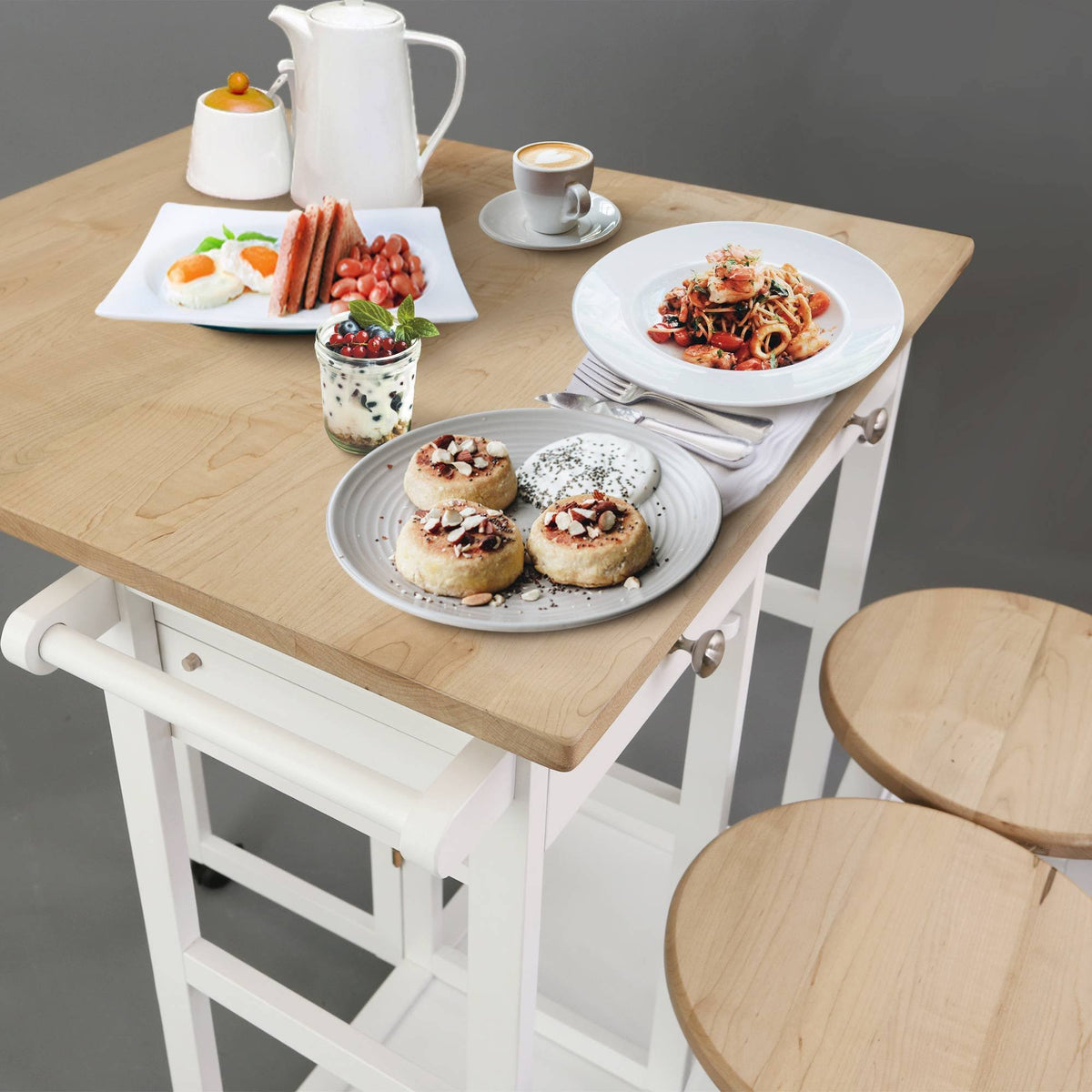 American Maple Drop Leaf Table Top Breakfast Cart Natural White T4856