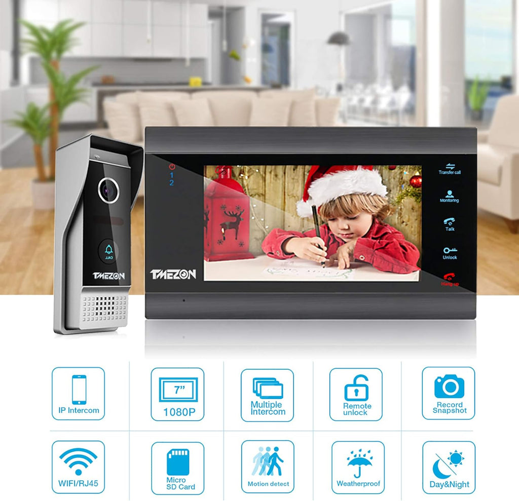 Wireless WIFI Video Door Phone IP Doorbell Intercom System with Camera 4 Wire 7 Inch Entry with 1x1080P Wired Camera Night Vision E6345