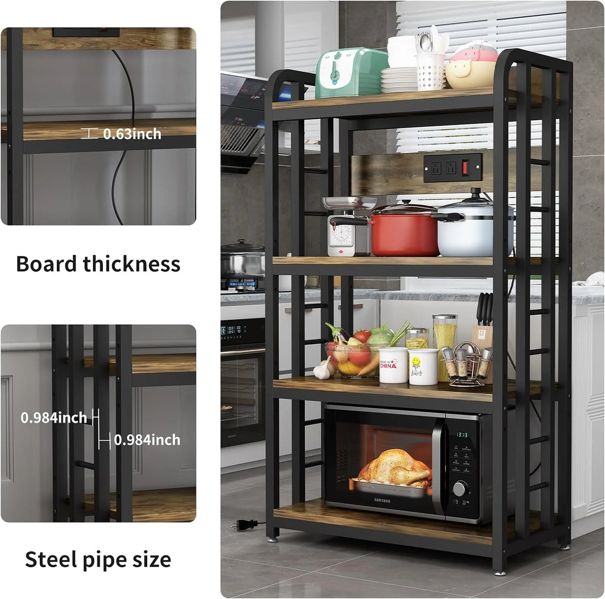 Rustic Brown 4-Tier Kitchen Baker's Rack with Power Outlet Z1808