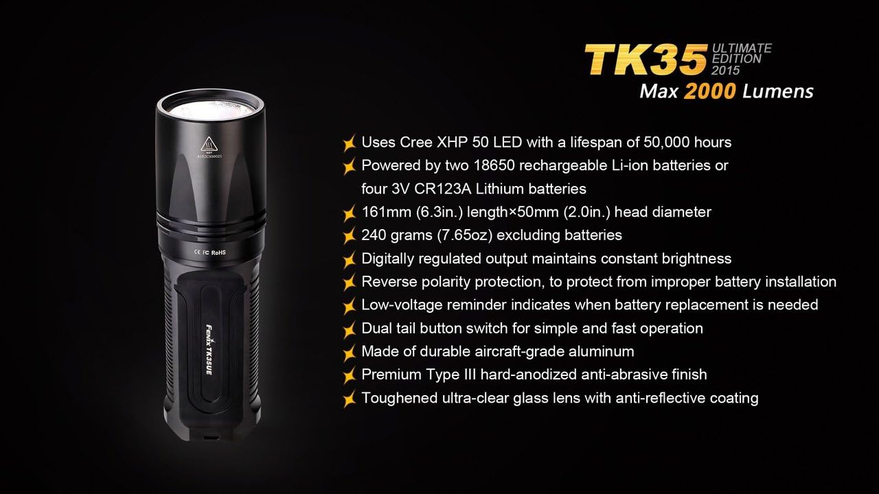 2000 Lumen CREE XHP 50 LED Tactical Flashlight with 2 x 2600mAh Li-ion rechargeable batteries, 4 x CR123A Lithium batteries, 18650 battery charger D500