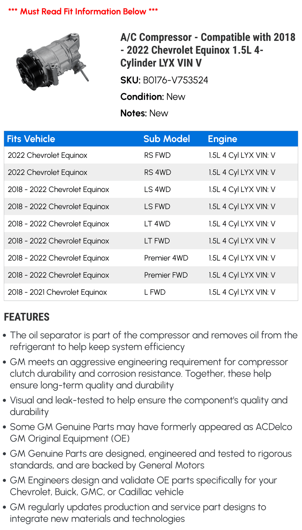 A/C Compressor for 2018-2022 Chevy Equinox 1.5L 4-Cylinder L493779