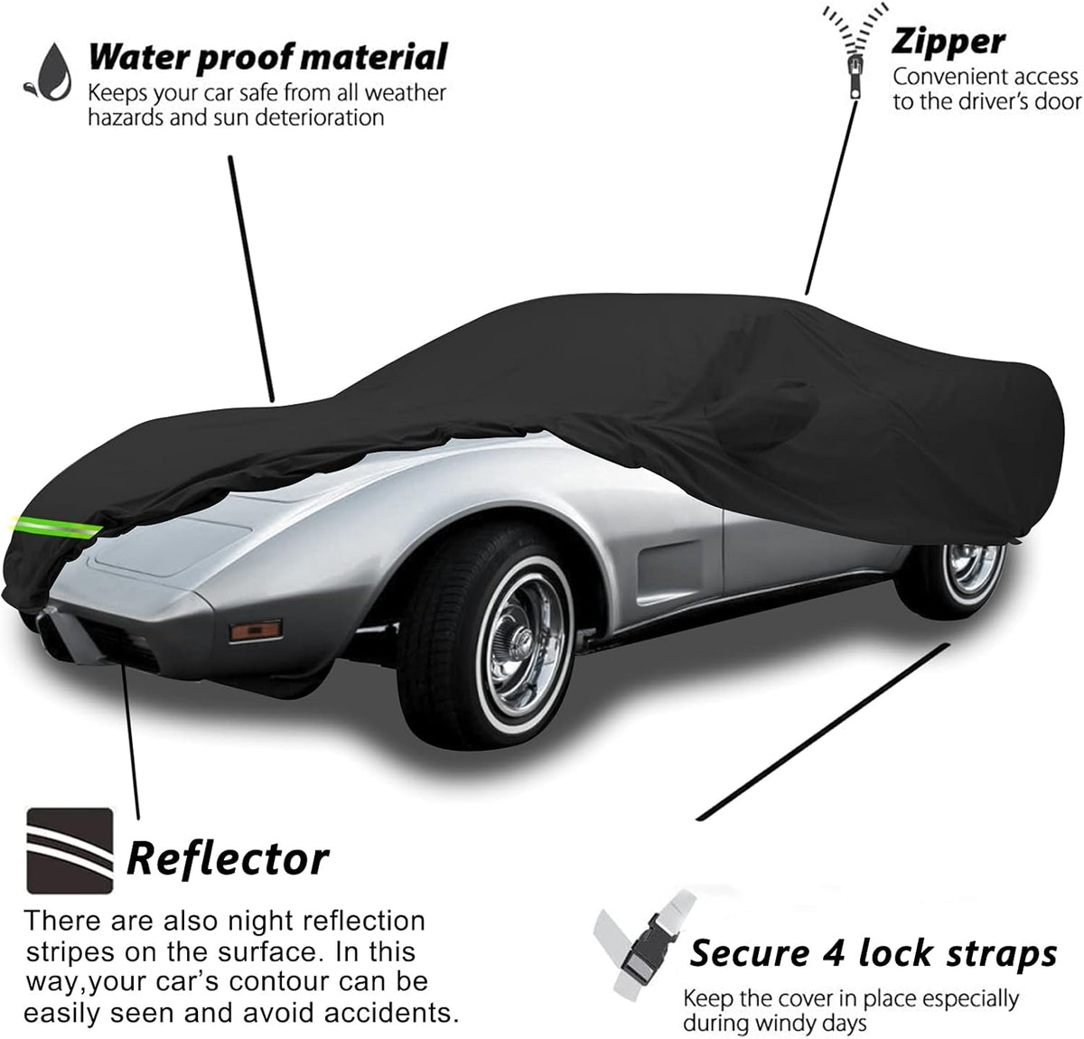 Waterproof Car Cover for C3 Corvette, 190T, Double Door Zipper L6598
