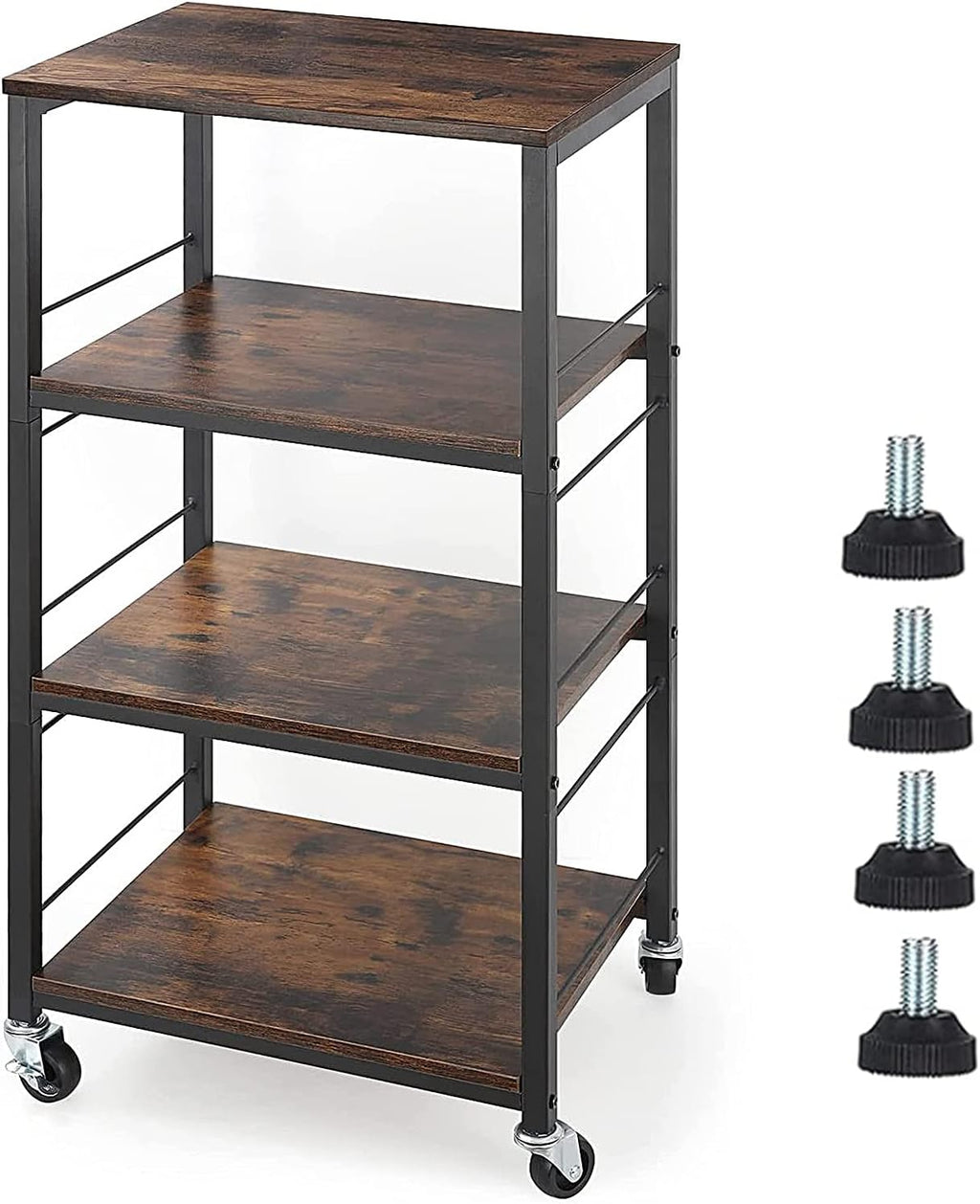 Industrial Kitchen Cart with Wheels 4 Tier Metal Frame Wooden Top Storage Shelves Serving Cart Trolley X27908