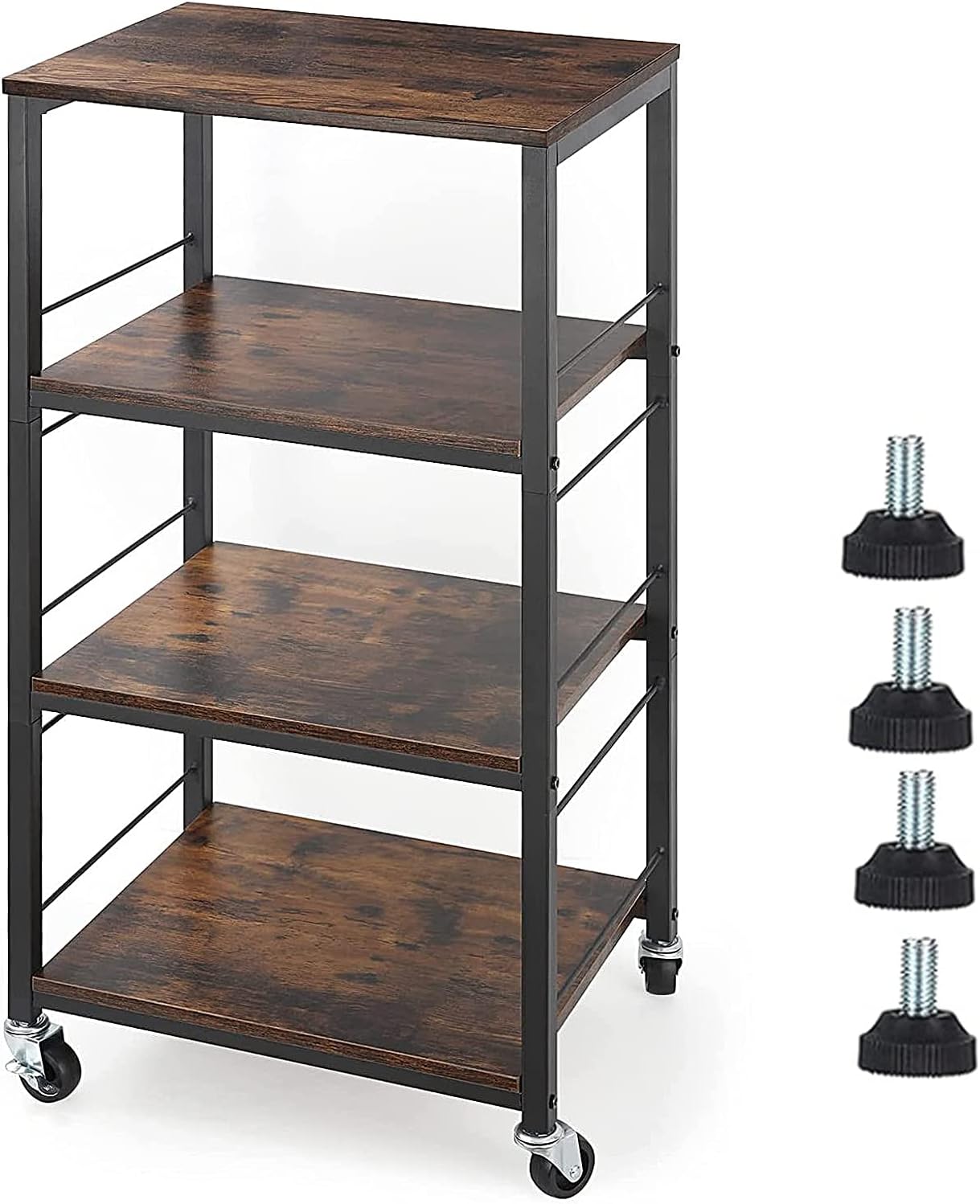 Industrial Kitchen Cart with Wheels 4 Tier Metal Frame Wooden Top Storage Shelves Serving Cart Trolley X27908