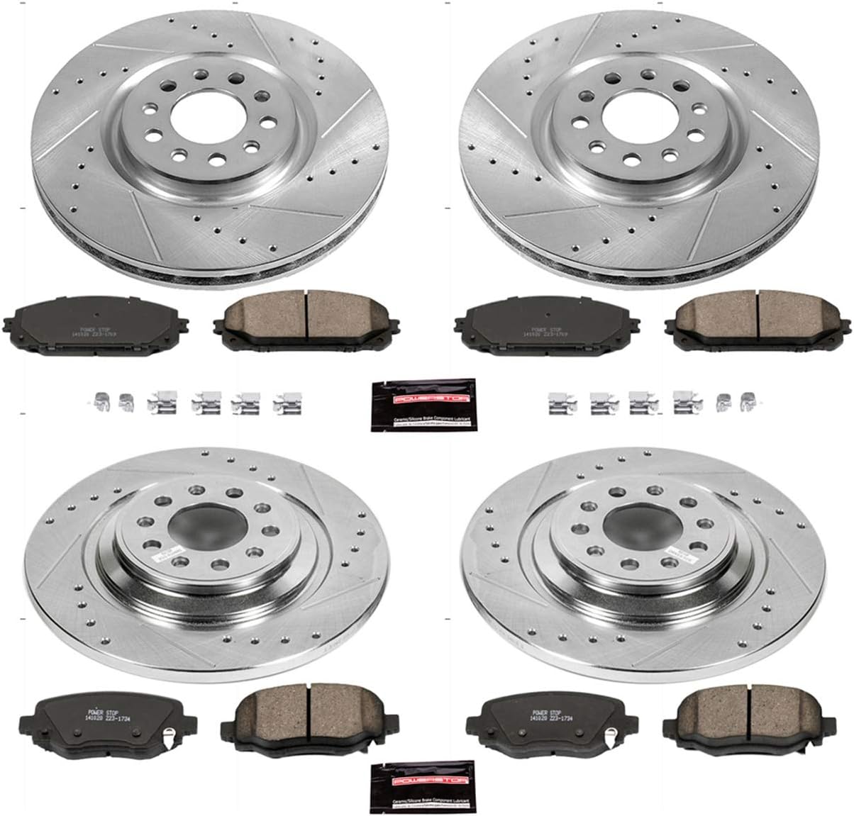 Front and Rear Carbon Fiber Brake Pads with Drilled & Slotted Brake Rotors Kit C71063