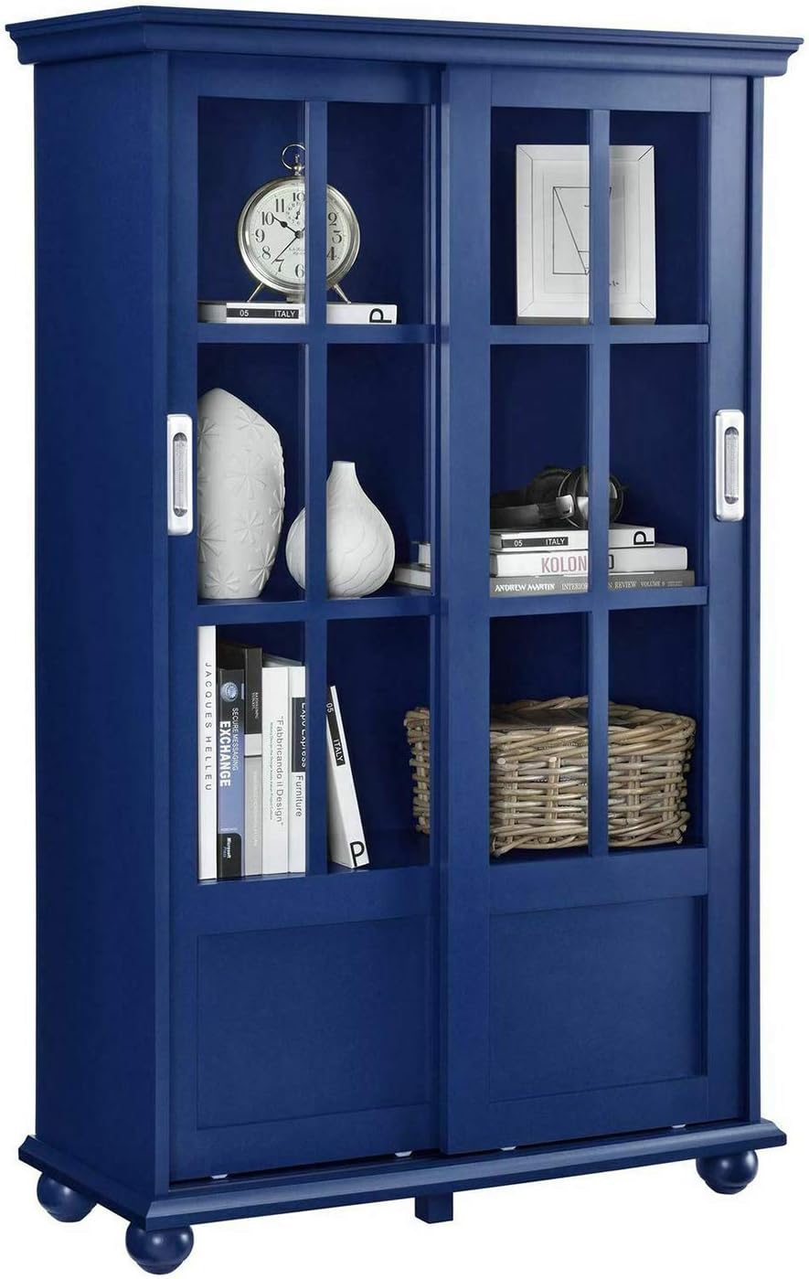 Navy Blue 4 Shelves Wooden Bookcase with Glass Door Q978