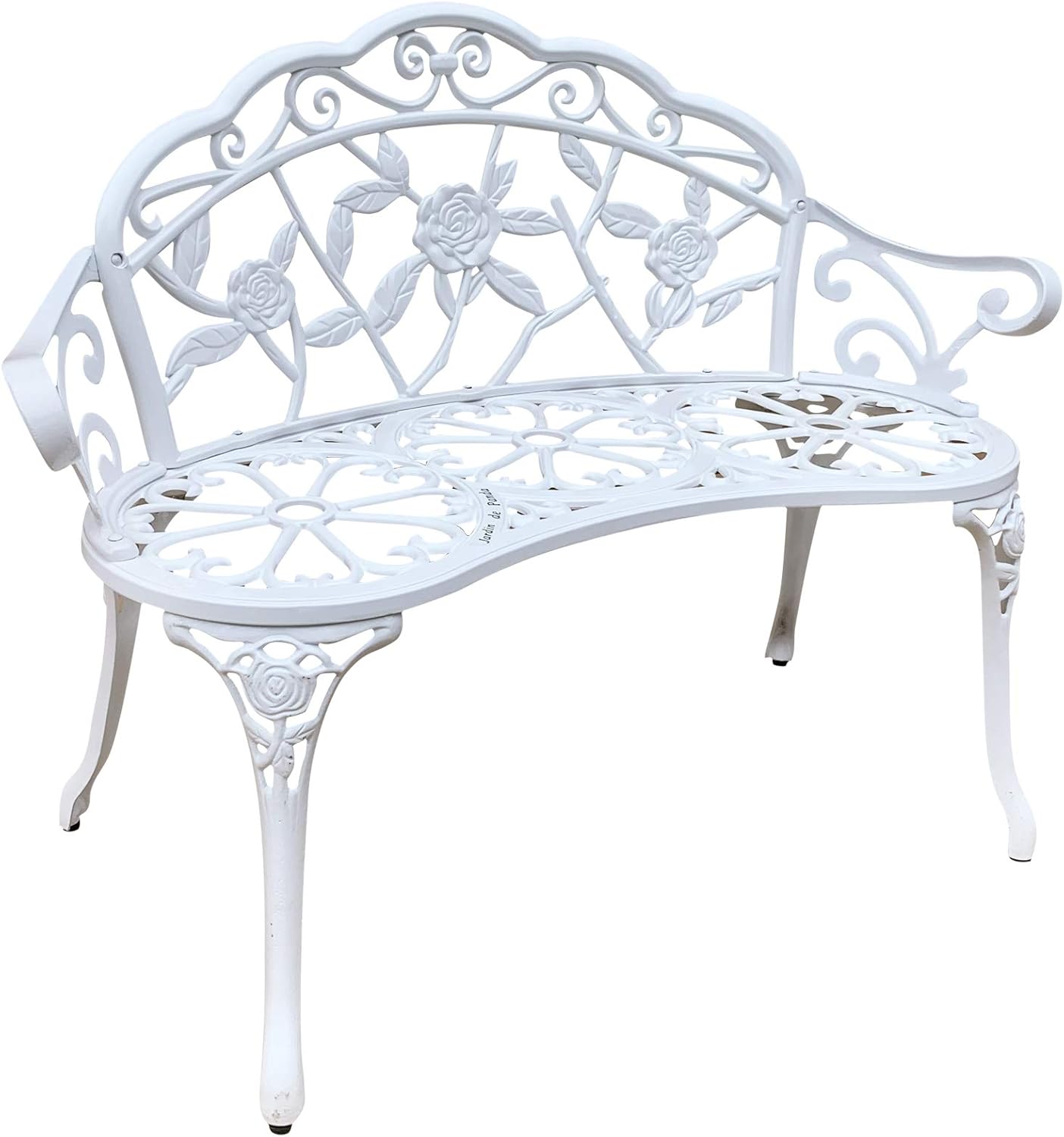 White Cast-Aluminum Metal Garden Bench with Floral Rose X9640