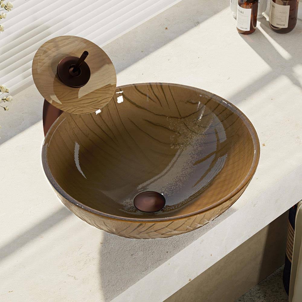 Beach Sand Glass Vessel Bathroom Sink with Oil Rubbed Bronze Waterfall Faucet M24959