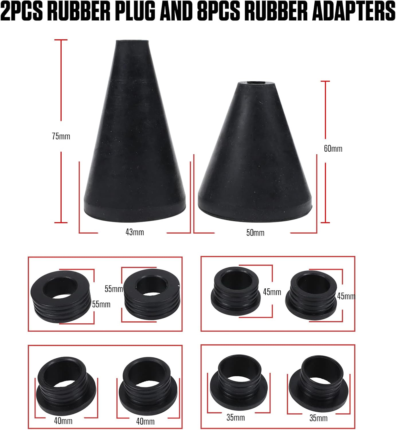 Universal Coolant Vacuum Refill Kit with Dual Scale Pressure Gauge, 2PCS Rubber Plug and 8PCS Rubber Adapters, 35mm 40mm 45mm 55mm, Pack of 2 P239072