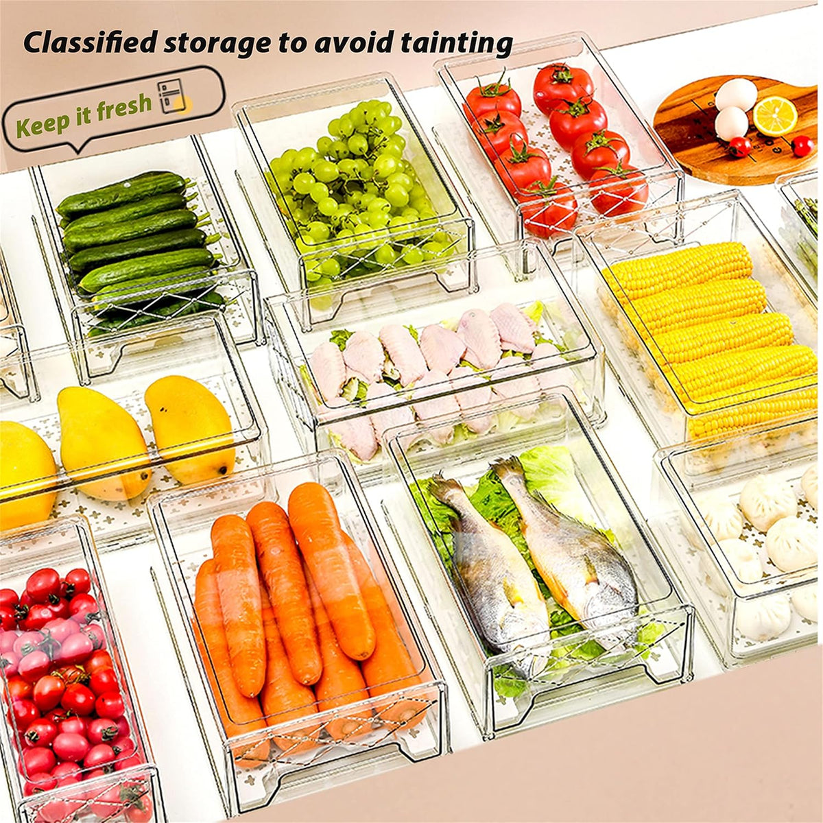 Plastic Stackable Fridge Organizer Bins with Removable Drain Tray, 2 Pack R2305