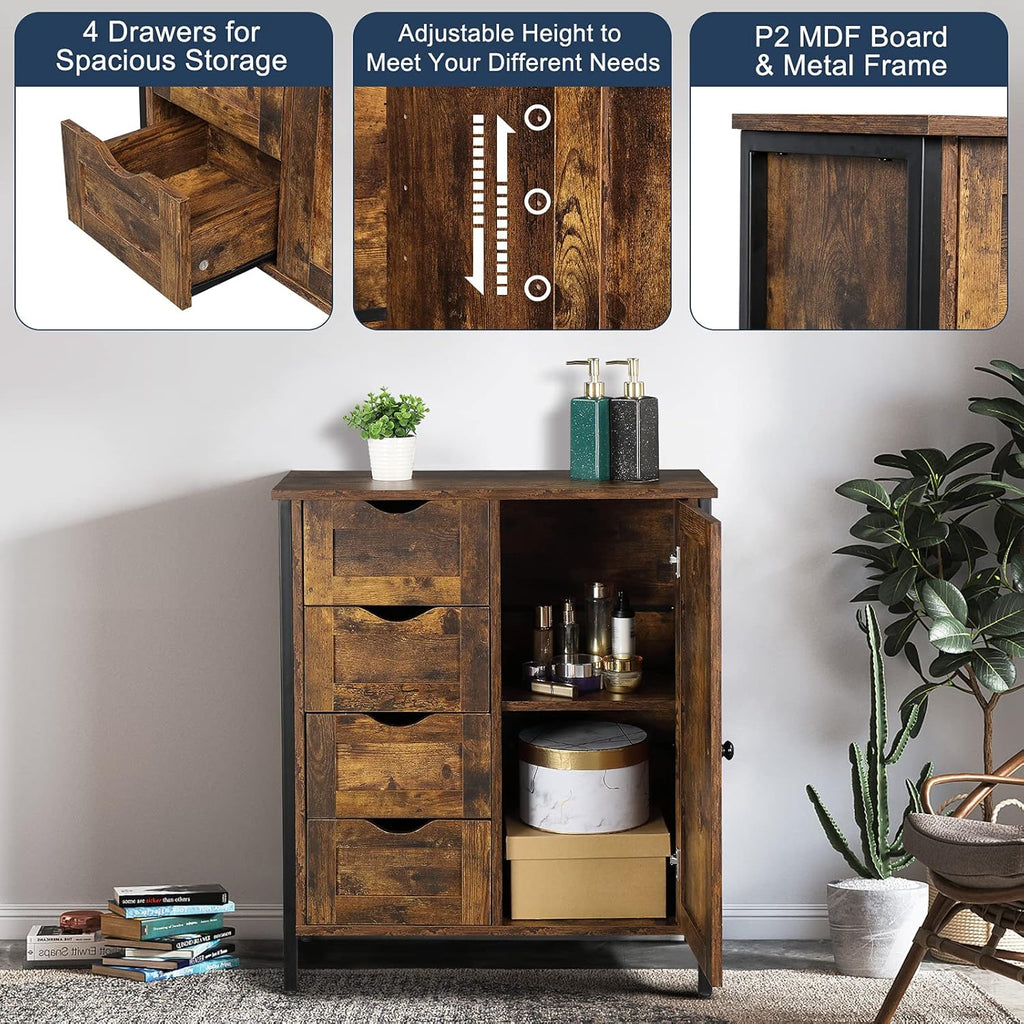 Rustic Brown 4 Drawer 1 Door Wooden Metal Frame Bathroom Floor Cabinet C8141