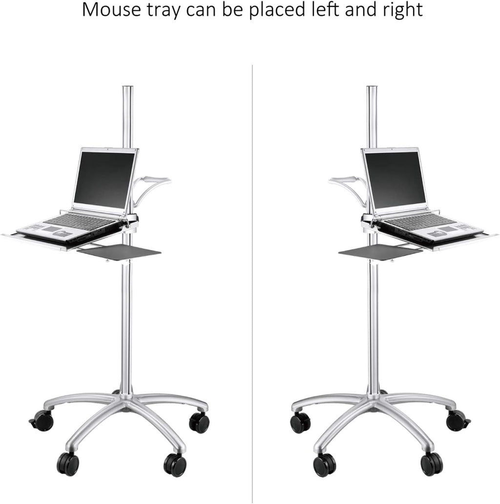 Aluminum Mobile Laptop Cart on Wheels, Height Adjustable Rolling Laptop Stand with Mouse Tray F301