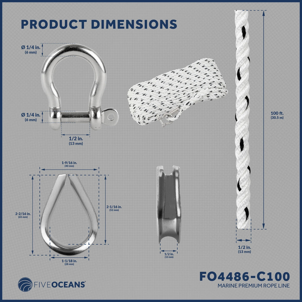 1/2 inch x 100 ft 3-Strand White Nylon Anchor Rope Line with Stainless Steel Thimble and Schakle Y3799