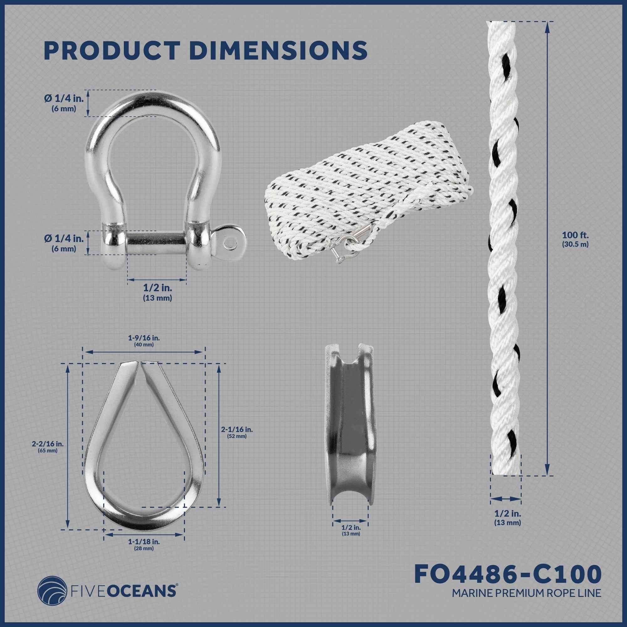1/2 inch x 100 ft 3-Strand White Nylon Anchor Rope Line with Stainless Steel Thimble and Schakle Y3799