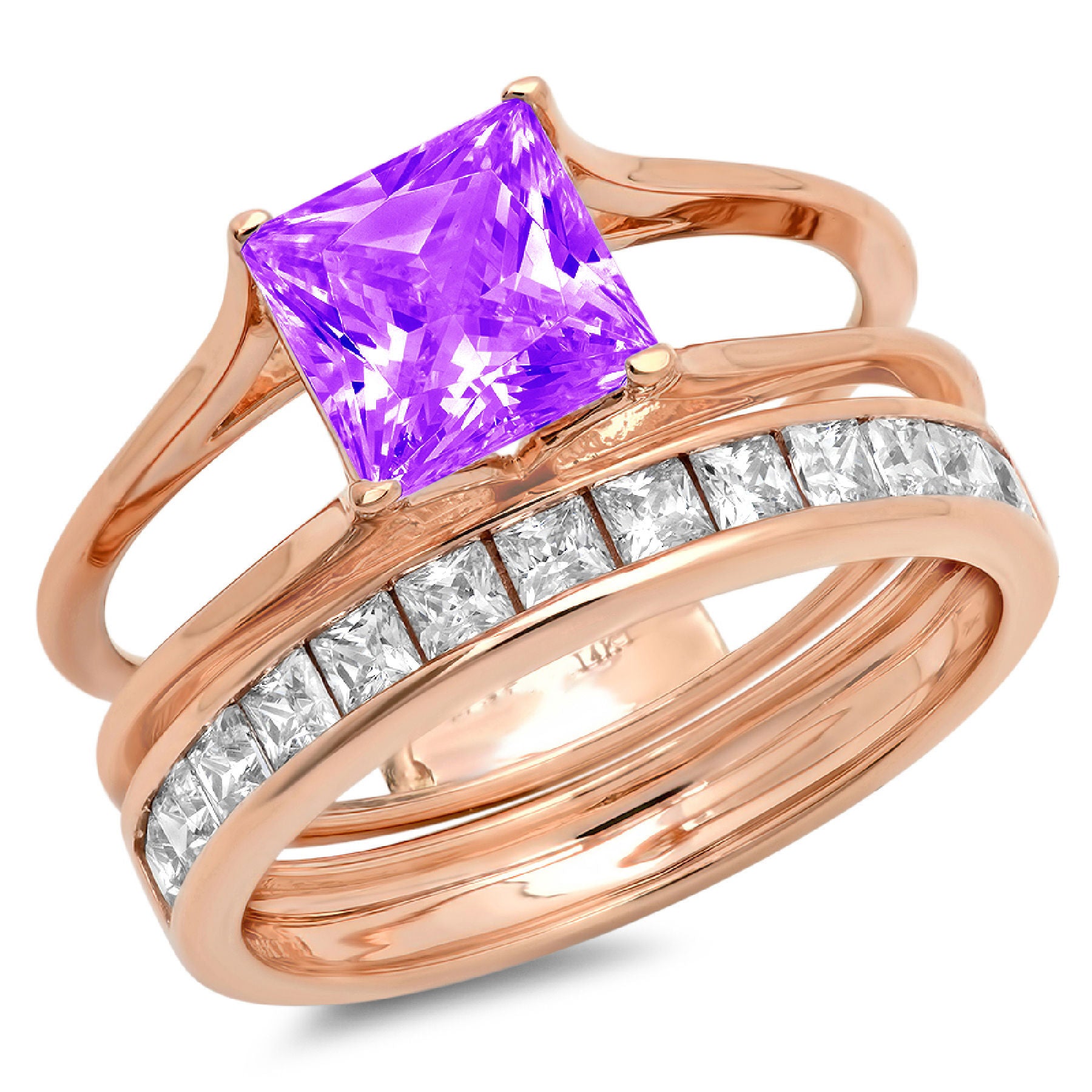 18K Rose Gold Amethyst Solitaire Bridal Set SZ 4.5 X455884