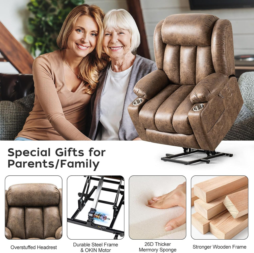 Light Brown Power Lift Recliner with Heated and Massage, USB, Cup Holder Q480
