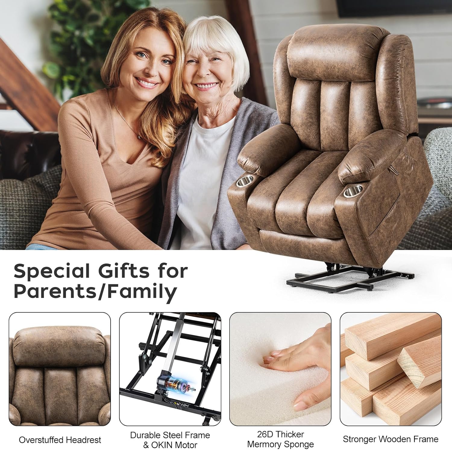 Light Brown Power Lift Recliner with Heated and Massage, USB, Cup Holder Q480