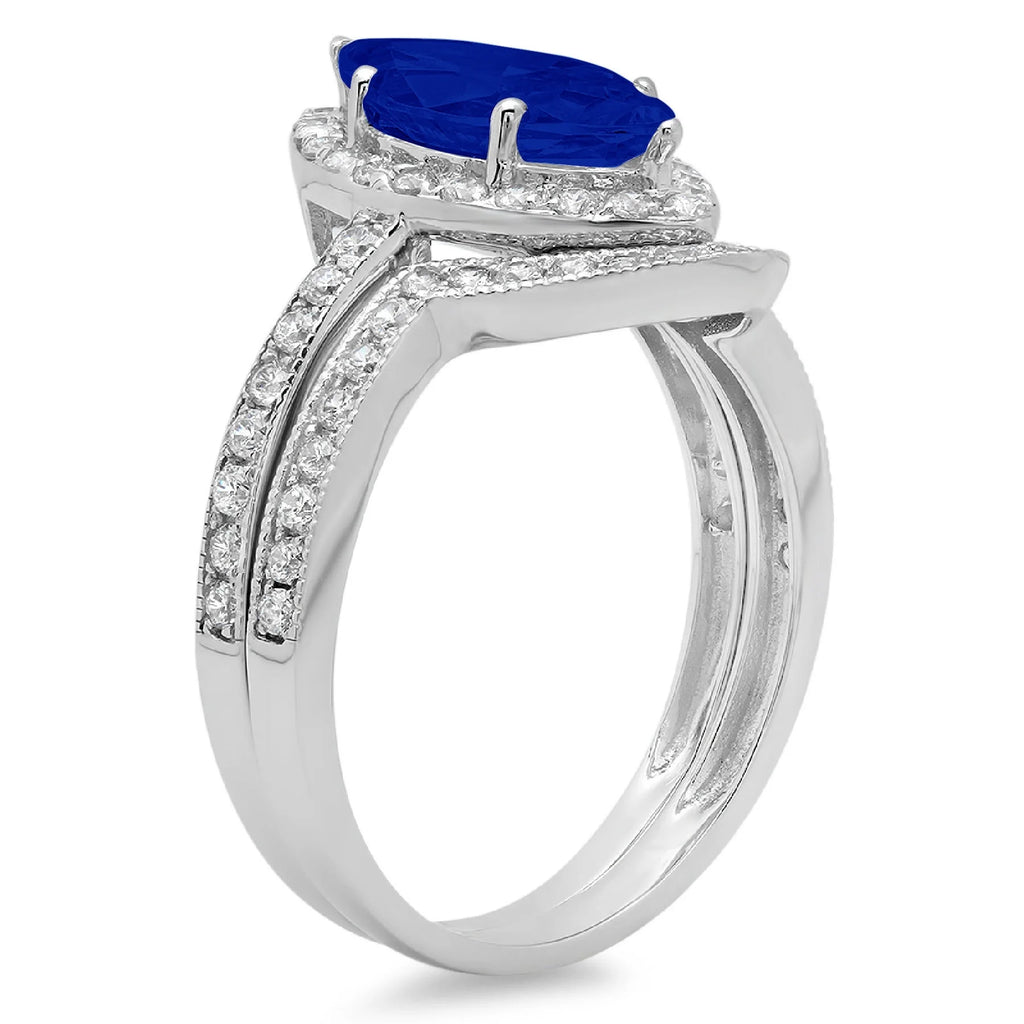 14k White Gold Marquise Cut Simulated Blue Sapphire Halo Ring Band Set Size 10.75 I3545