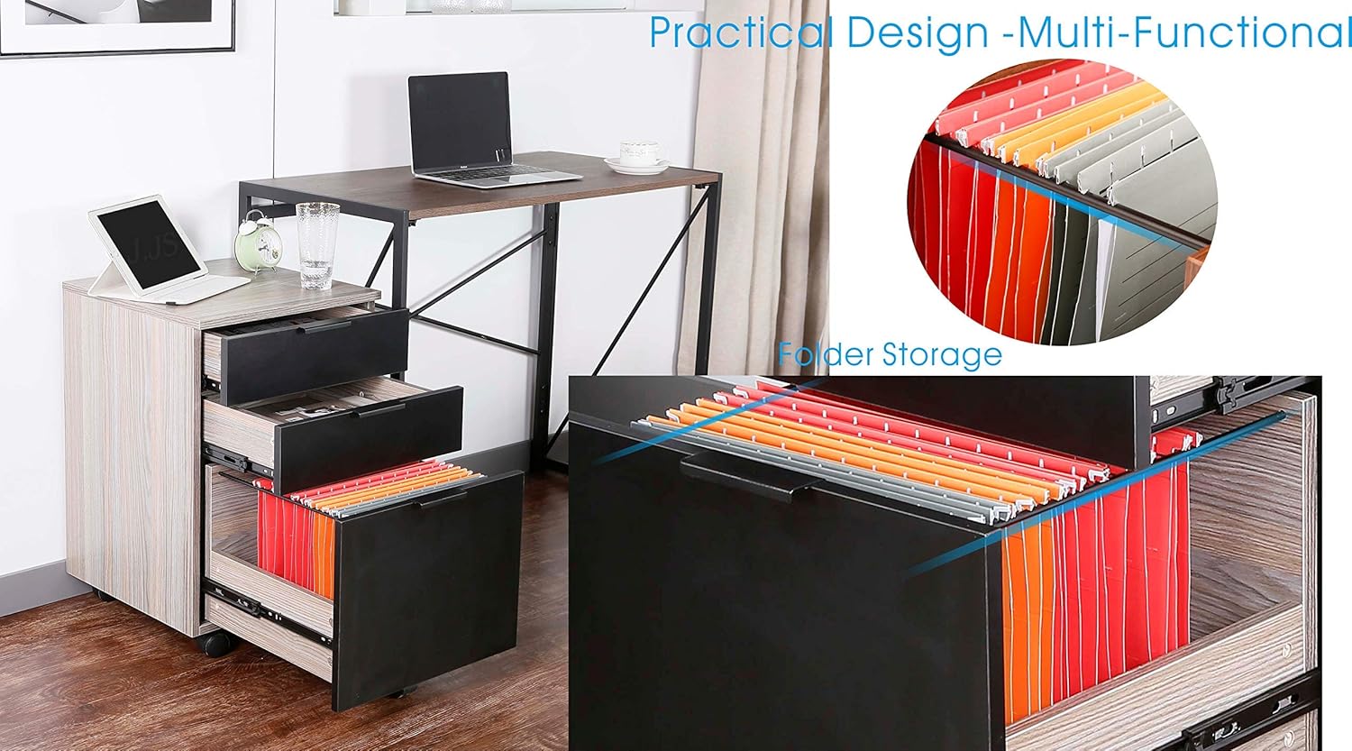 3 Drawer Rolling Wood File Cabinet with Locking Wheels, Black Z21806