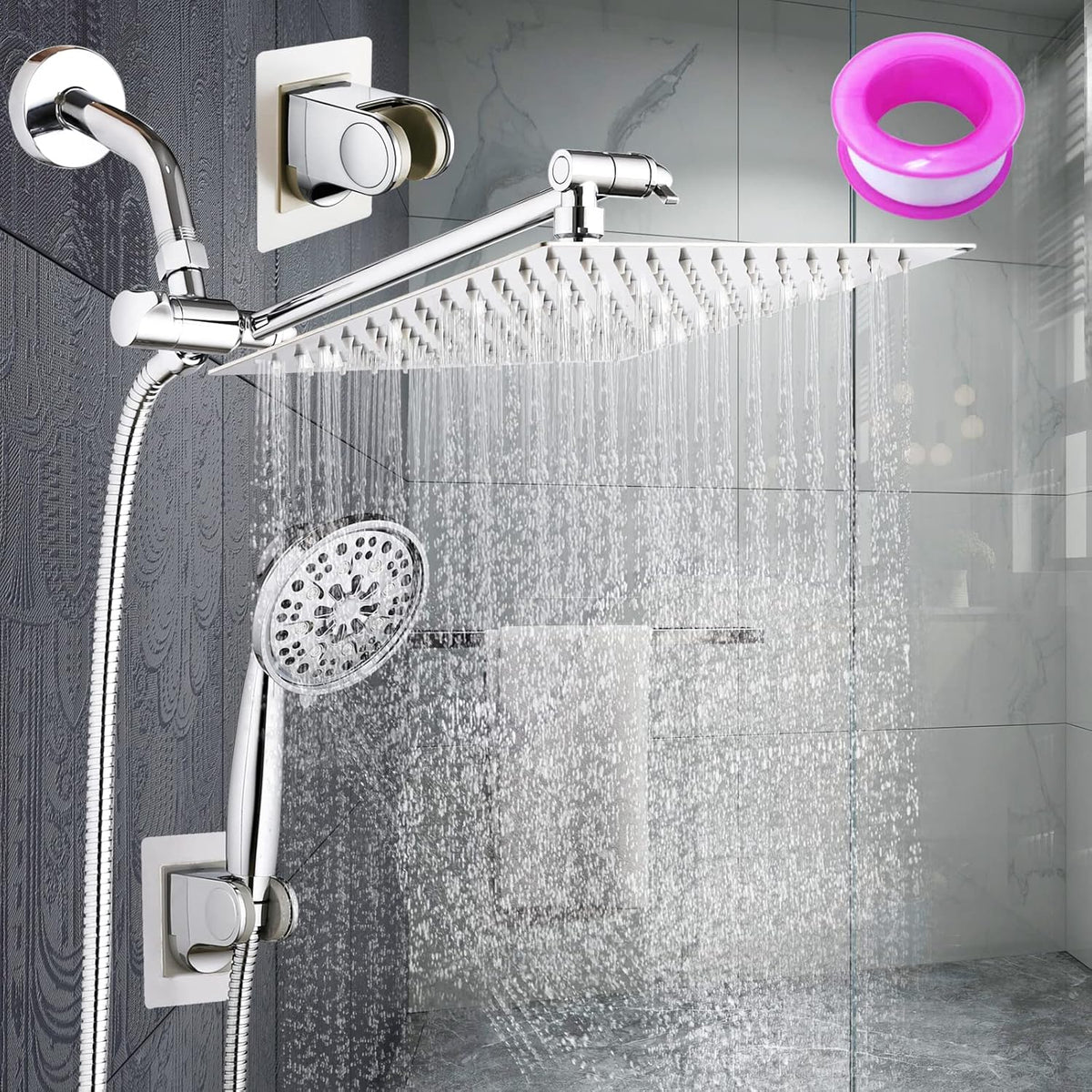 Square Shower Head with Handheld Combo, 11" Adjustable Extension Arm, 8" Rain Shower Head, 60" Hose, Wall Mount, Pack of 2 M944