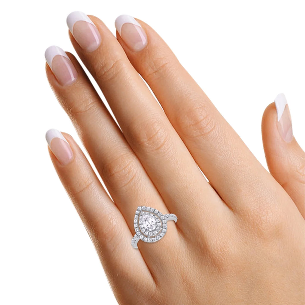 Pear Shaped Double Halo Moissanite Engagement Ring in 18K White Gold Plated 925 Sterling Silver M51942