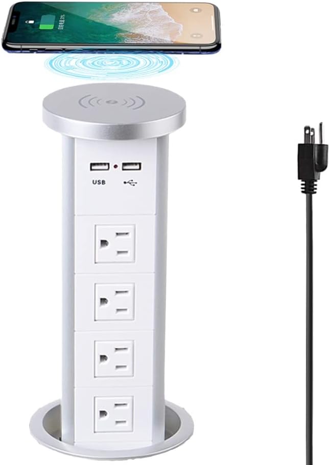 Black Pop up Outlet with Wireless Charger, 4 US Power USB Ports N658