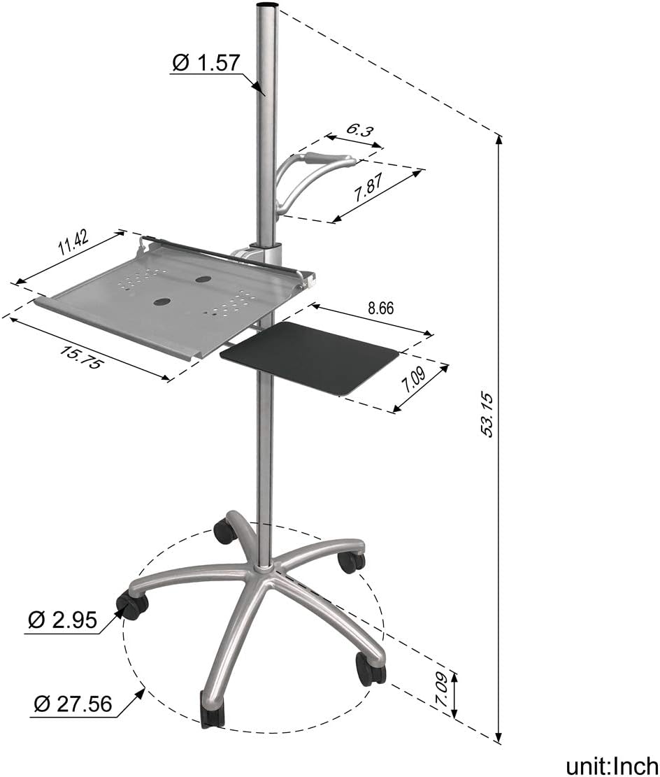 Aluminum Mobile Laptop Cart on Wheels, Height Adjustable Rolling Laptop Stand with Mouse Tray F301