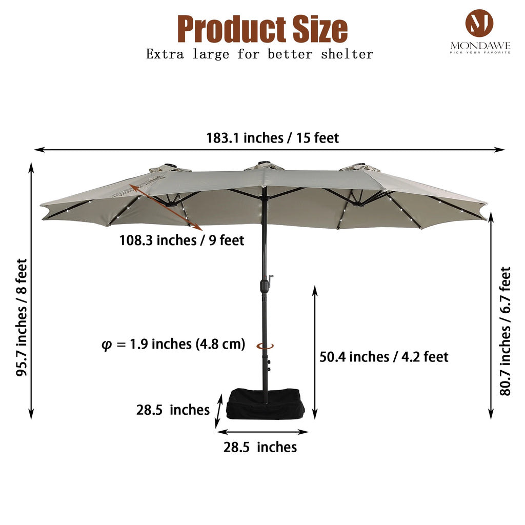 15ft Large Patio Umbrella with 36 LED Lights, Base Included P369317