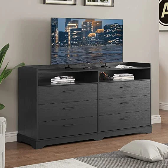 Black 6 Drawer Wood Dresser Q2749