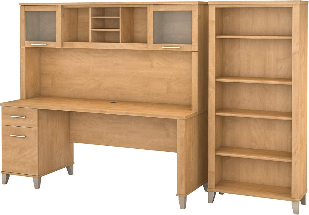 72W Ash Gray Office Desk with Hutch and 5 Shelf Bookcase H750