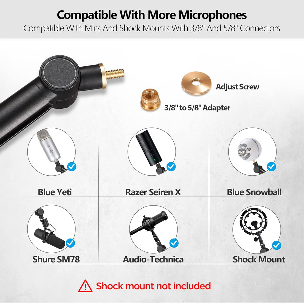 Mic Boom Arm with 3/8 to 5/8 Adapter, Heavy Duty Metal Desk Mount Stand, Pack of 2 C346