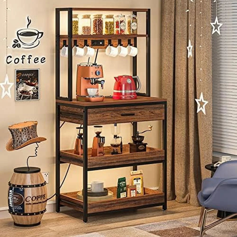 Rustic Brown 5-Tier Kitchen Bakers Rack with Power Outlets X2186
