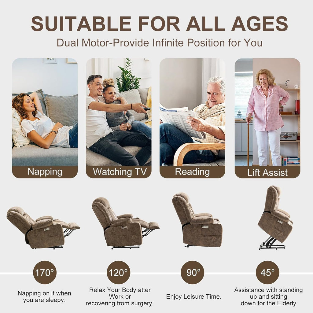 Light Brown Power Lift Recliner with Heated and Massage, USB, Cup Holder Q480
