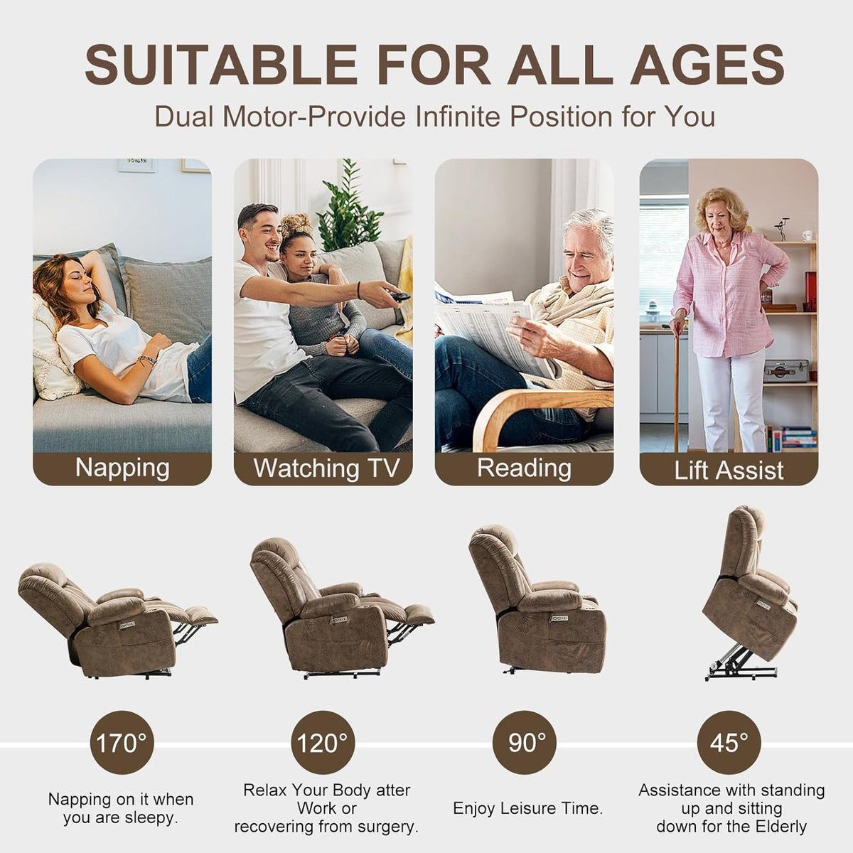 Light Brown Power Lift Recliner with Heated and Massage, USB, Cup Holder Q480