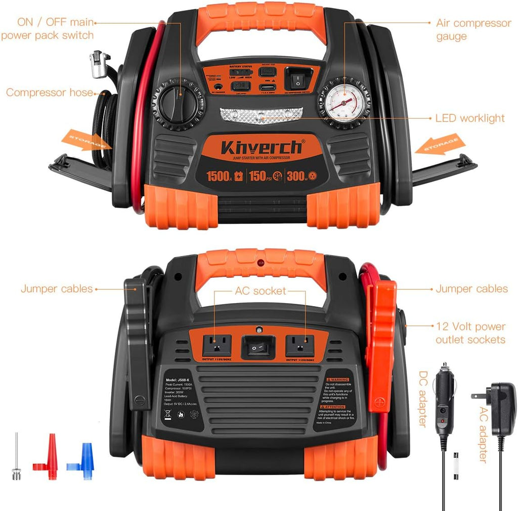 Portable Car Jump Starter 1000 Peak Amp 12-Volt with 1-USB 1-12V Power Ports & 150 PSI Air Compressor C408