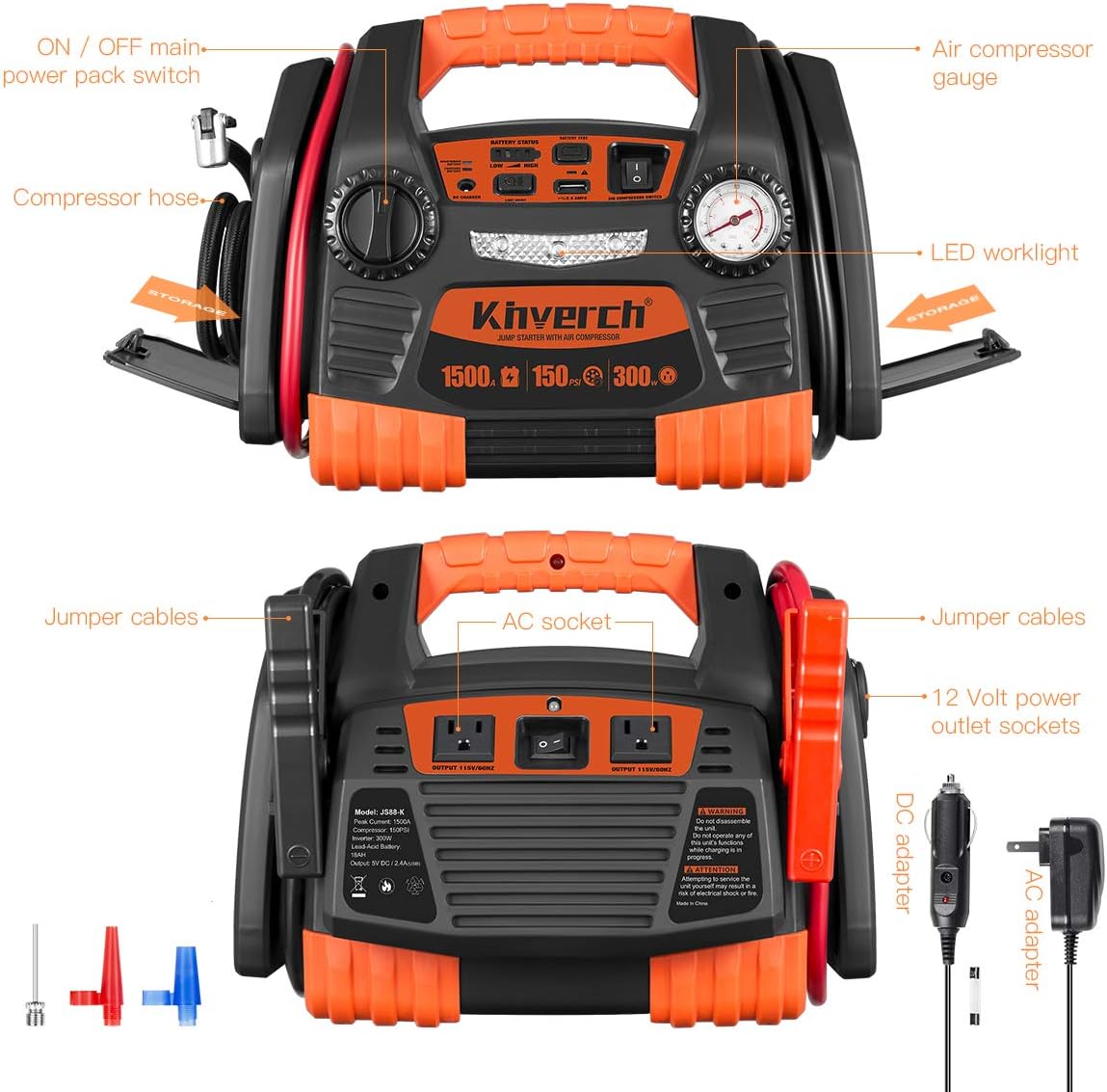 Portable Car Jump Starter 1000 Peak Amp 12-Volt with 1-USB 1-12V Power Ports & 150 PSI Air Compressor C408