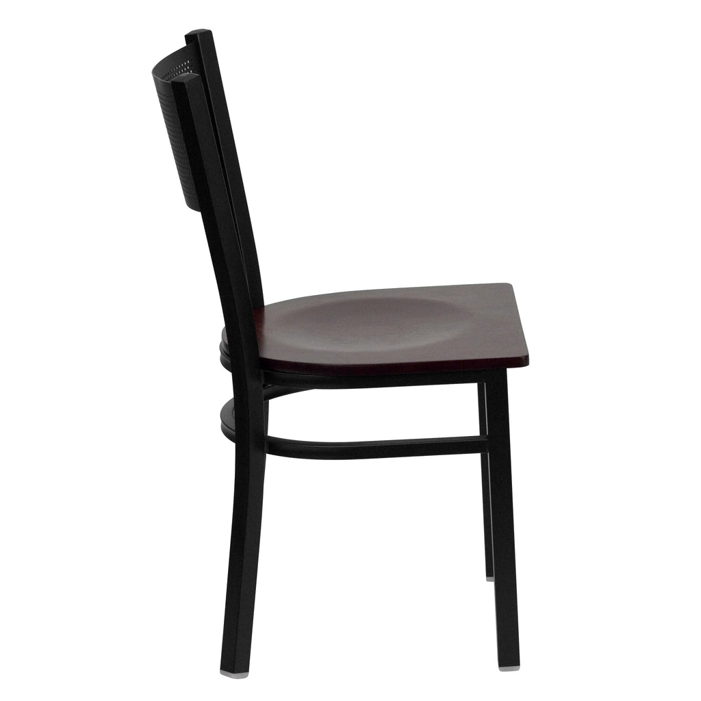 Black Grid Back Metal Restaurant Chair with Mahogany Wood Seat A8542