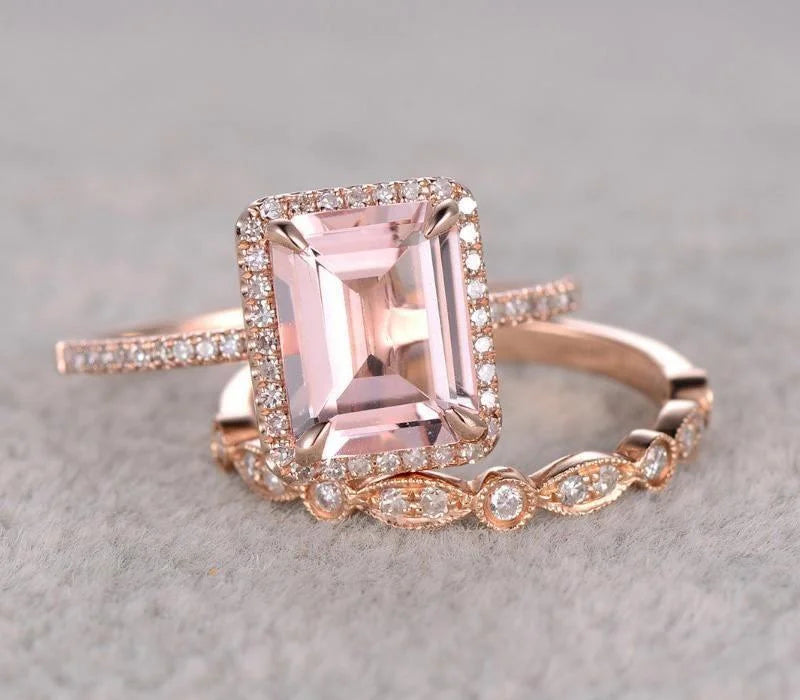 Emerald Cut Morganite Bridal Set With Diamond Moissanites 18K Rose Gold Plating P853
