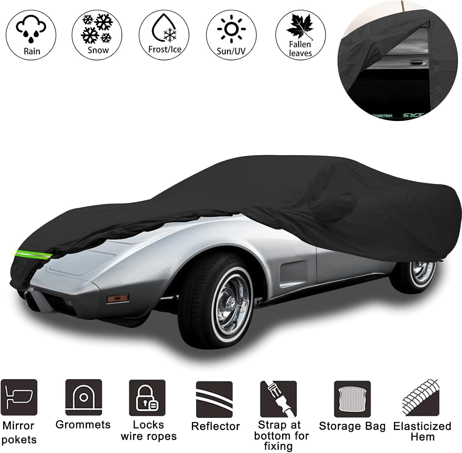 Waterproof Car Cover for C3 Corvette, 190T, Double Door Zipper L6598