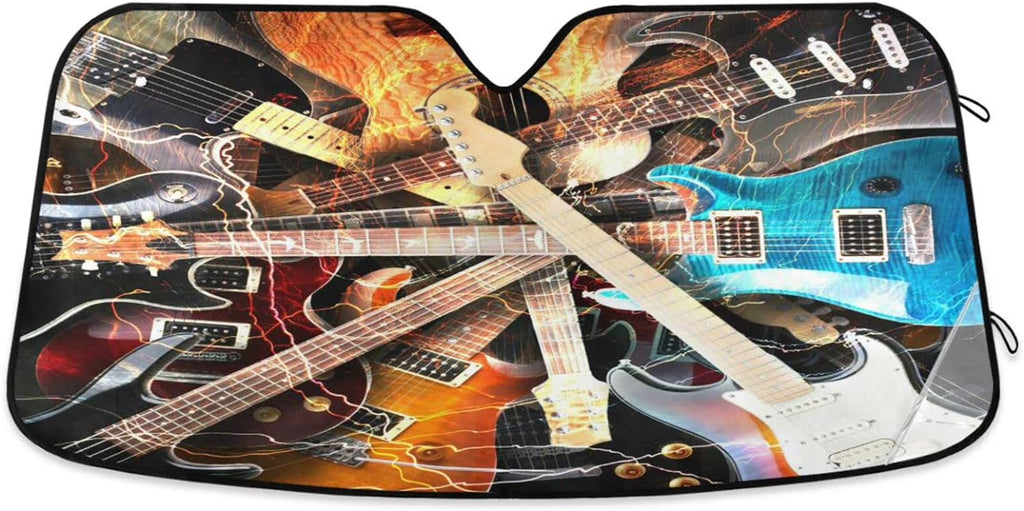 Fire Music Guitar Car Windshield Sun Shade, Foldable Visor Protector, 55×27.6in I936188