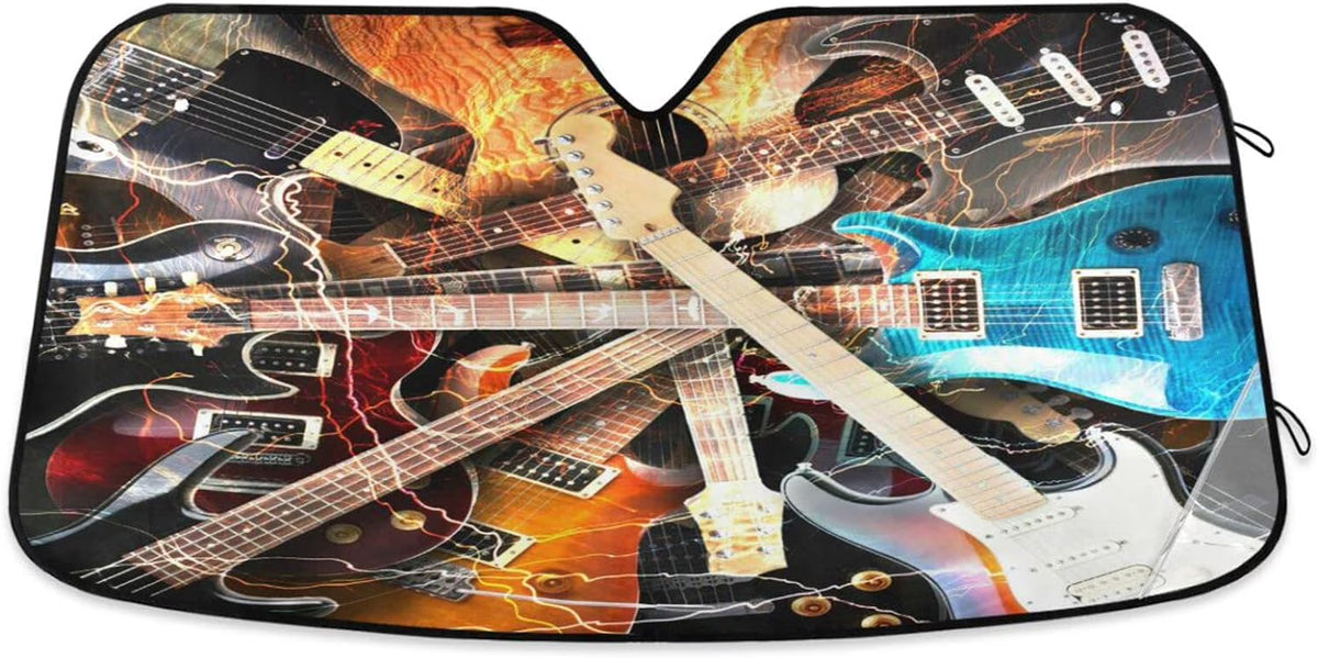 Fire Music Guitar Car Windshield Sun Shade, Foldable Visor Protector, 55×27.6in I936188