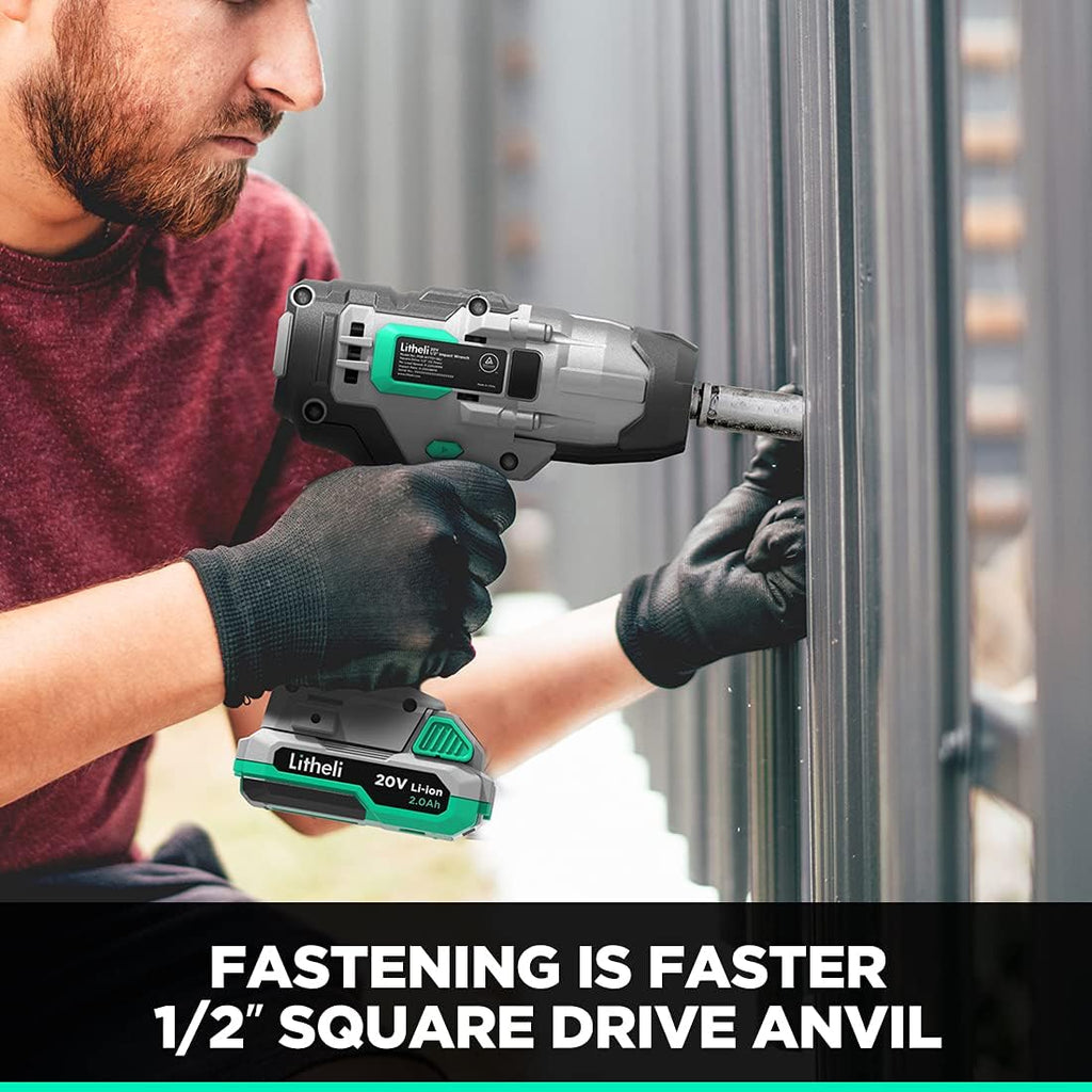 Cordless Impact Wrench 20V, 1/2 inch, 2.0Ah Li-ion Battery, 300 Nm, Compact Electric Wrench Set, Pack of 2 R797831