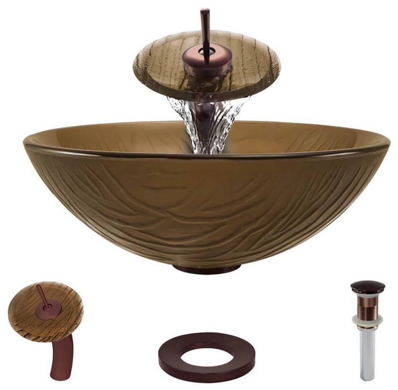 Beach Sand Glass Vessel Bathroom Sink with Oil Rubbed Bronze Waterfall Faucet M24959