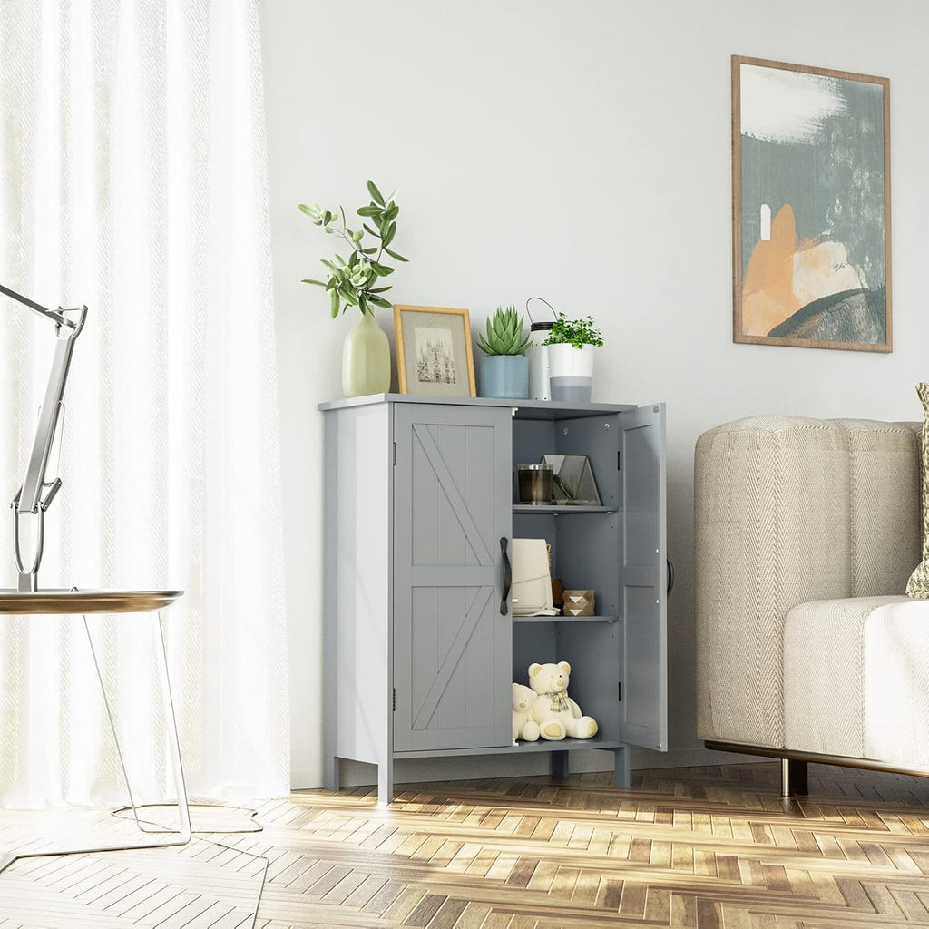 Gray Wooden Bathroom Floor Storage Cabinet with 2 Doors & Adjustable Shelves I9058