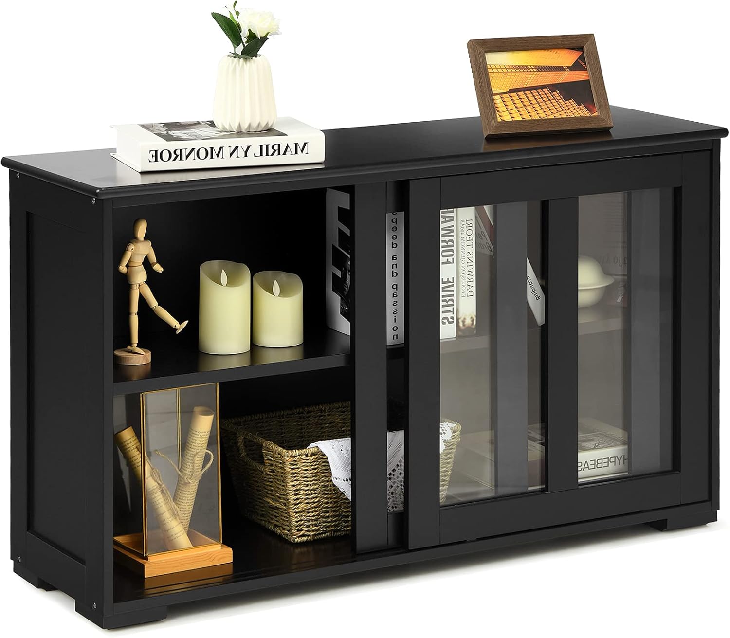 Antique Stackable Sideboard Cabinet with Sliding Door Window V9315