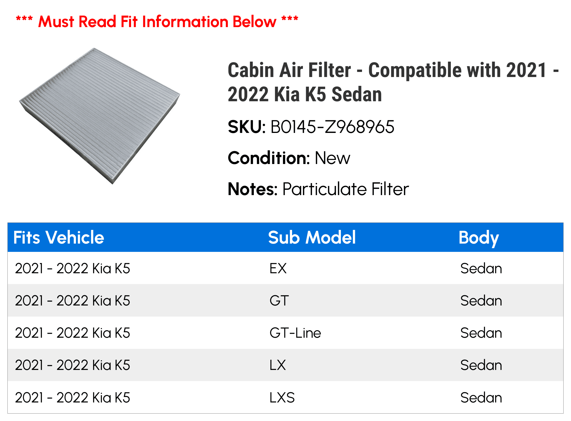 Cabin Air Filter for Kia K5 Sedan I46506