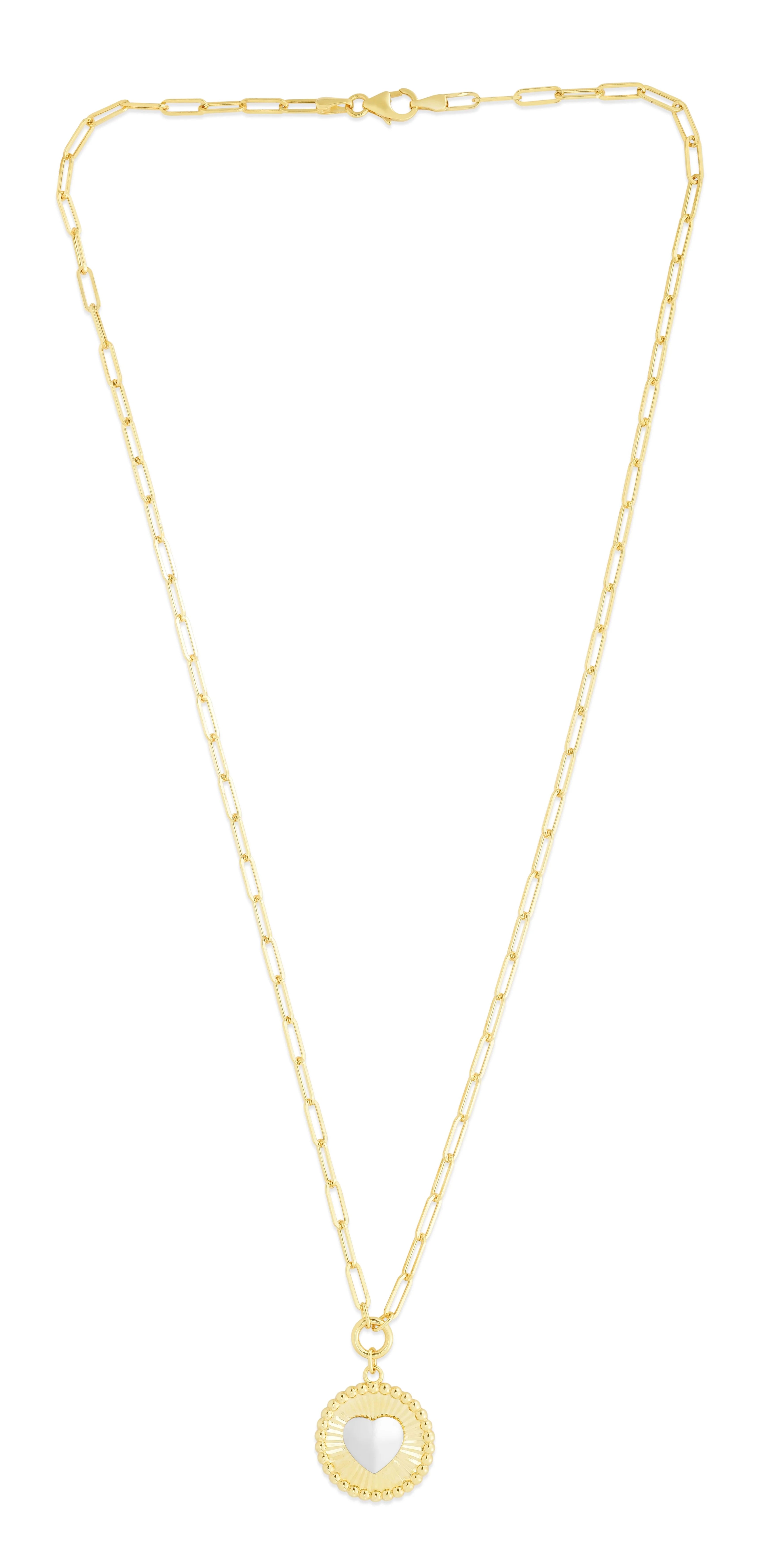 14K Yellow Gold Heart Two-tone Medallion Necklace on Paperclip Chain with Lobster Clasp - 18" M9652